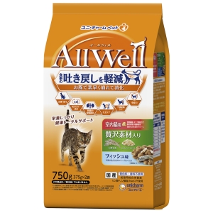 ユニチャーム Unicharm ユニチャーム AllWell 室内猫用 贅沢素材入りフィッシュ味天然小魚とささみフリーズドライ入り 750g 375g×2袋