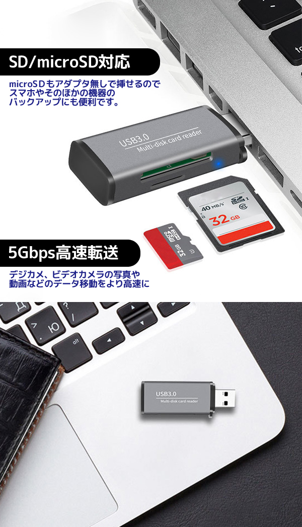  輸入特価アウトレット USB3.0カードリーダー マイクロSD SD グレー