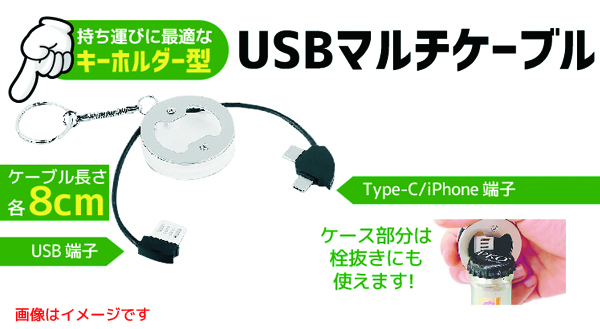  輸入特価アウトレット キーホルダー型 USBマルチケーブル シルバー