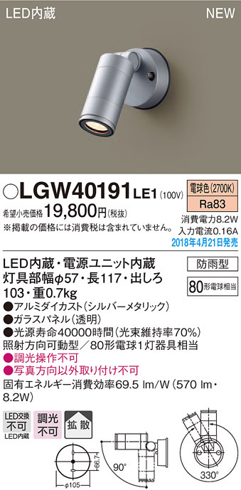  パナソニック Panasonic パナソニック LGW40191LE1 スポットライト 80形 拡散 電球色