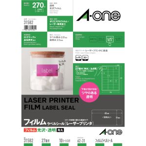 エーワン Aone エーワン 31582 レーザーラベルA4透明光沢27面