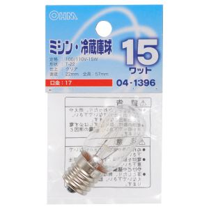 オーム電機 OHM オーム電機 ミシン・冷蔵庫球 T22型 E17/15W クリア 04-1396 LB-T2715-C