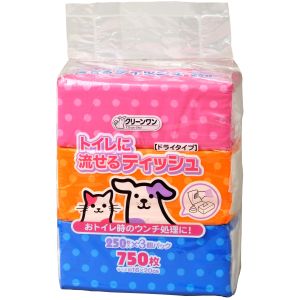 シーズイシハラ シーズイシハラ クリーンワン トイレに流せるティッシュ 250枚×3個パック 犬 猫 ペット用品